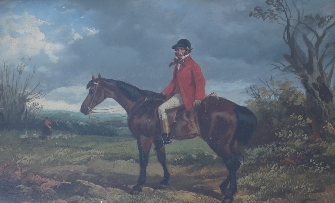 Byron Webb (1831-1867) two oils on board, Huntsmen on horseback, one signed, the other inscribed verso, largest 28 x 22cm, ornate gilt frames
